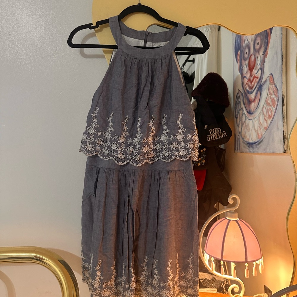 Pim + Larkin Gray and Blue Sleeveless Halter Sundress